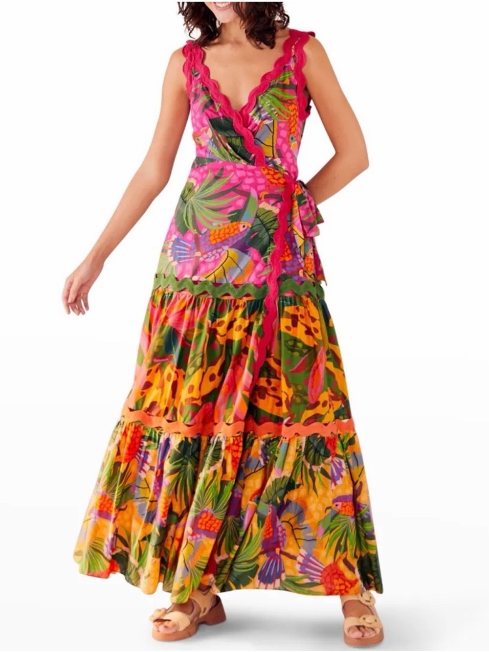 FARM Rio Wrap Maxi Dress M Tropical Toucan Birds Tiered Ric Rac Trim Pink Orange